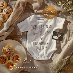 Bun in The Oven Pregnancy Announcement Digital, Editable Boho Baby Reveal Template, Gender Neutral Baking Baby Announcement