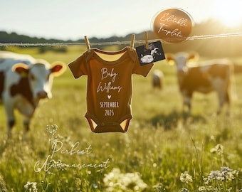 Modèle de toile numérique pour faire-part de grossesse simple vache, ferme, faire-part de bébé neutre entre les sexes mignon modifiable, faire-part de bébé des pays de l'ouest