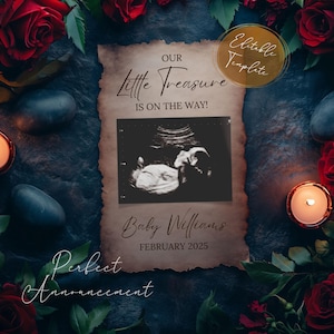 Simple Vintage Treasure Pregnancy Announcement Digital Template, Editable Whimsical Rustic Social Media Gender Neutral Baby Announcement