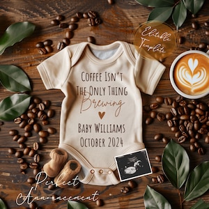 Modelo de anúncio de gravidez digital com café Canva, anúncio de bebê com café editável, revelação de bebê prestes a nascer, download instantâneo