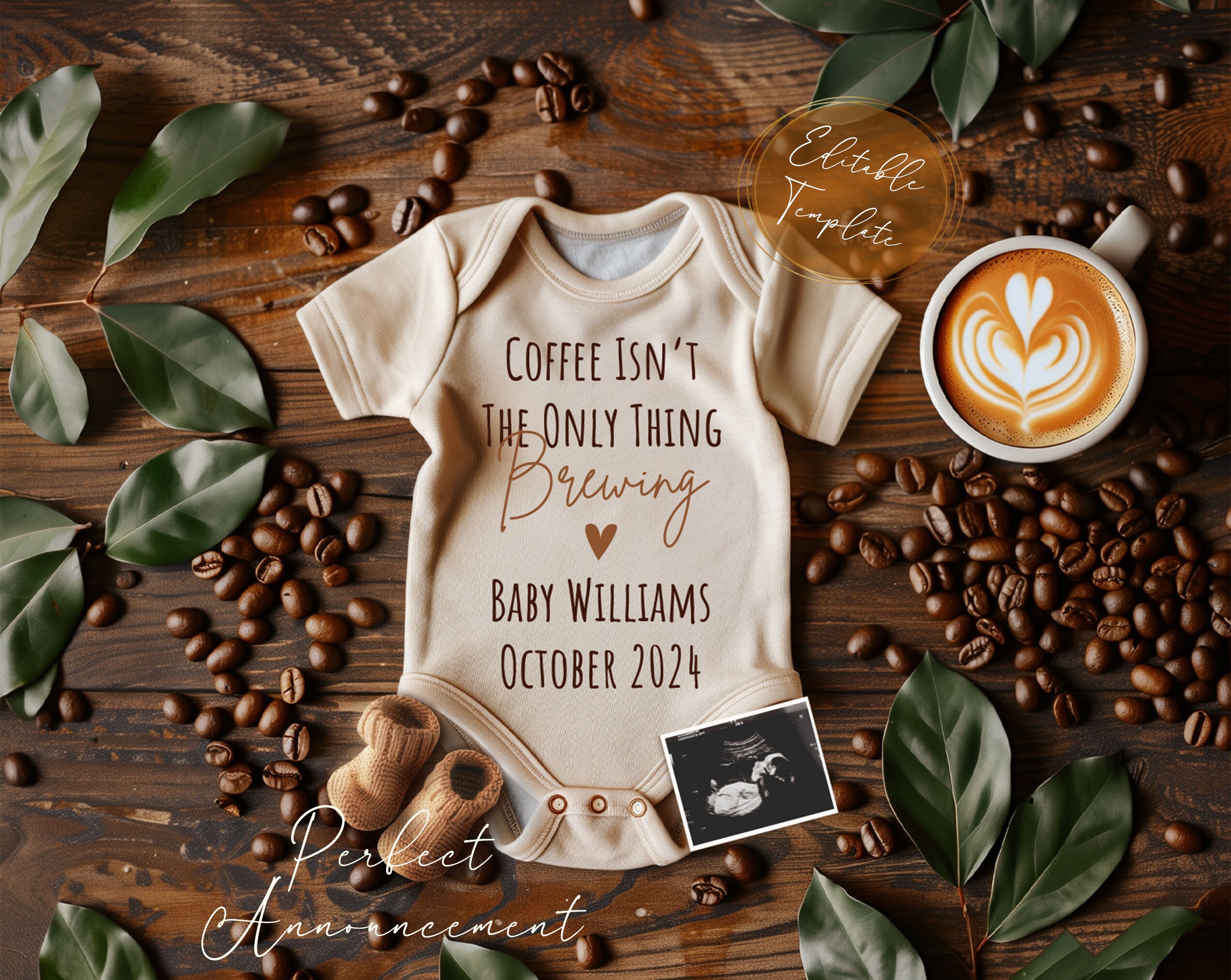 Digital Coffee Pregnancy Announcement Template Canva, Editable Coffee Baby Announcement, Brewing Baby Reveal, Instant Download