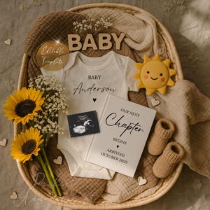 Book Pregnancy Announcement Digital Template for Social Media, Editable Our Next Chapter Simple Baby Announce Summer Boho Sun Theme