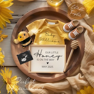 Simple Bee Pregnancy Announcement Digital, Editable Honey Baby Announcement, Little Honey Theme Canva Template Instant Download
