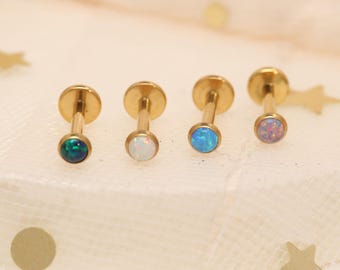 Opal Flat Back Labret Stud – Gold Silver White Blue Purple Green Opal Lip Piercing Jewelry, Minimal Iridescent Body Jewelry