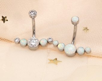 Anello per ombelico con 5 pietre miste di zirconi e opale – Gioielli per piercing all'ombelico in argento, bianco, blu, viola e opale bianco, gioielli scintillanti per il corpo