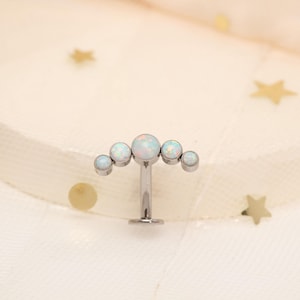 Può includere: Un orecchino curvo color argento in stile barbell con cinque pietre preziose rotonde simili all'opale. Le pietre sono disposte ad arco, la più grande al centro. L'orecchino ha una base piatta e un perno per il piercing.