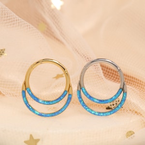 Blue Opal Double Hoop Nose Ring – Dainty Sparkly Layered Nose Hoop Piercing Jewelry, Cartilage Earring Stud, Helix Tragus Ear Jewelry
