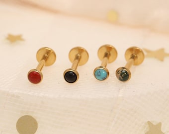 Naturstein Flache Rückseite Labret Bolzen - Gold Silber Moos Achat Schwarz Onyx Rot Achat Türkis Lippen Piercing Schmuck