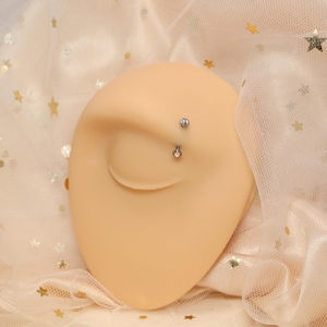 May include: A light-toned ear model with two silver piercings. The top piercing is a small stud, and the bottom is a dangling charm. The model is set against a backdrop of sheer, star-patterned fabric.