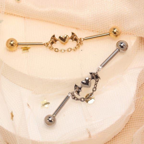 Heart Bat Wing Chain Industrial Barbell – Goth Edgy Alternative Ear Piercing Jewelry