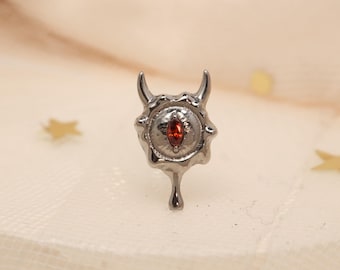 Silver Evil Eye Red Labret Stud – Gothic Lip Piercing Jewelry, Protective Symbol Body Jewelry, Edgy Minimal Piercing Stud