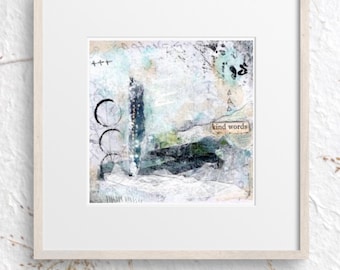 Obra de arte original de técnica mixta / Collage texturizado neutro, marco de madera clara