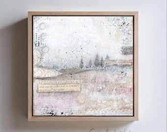 Lienzo original de técnica mixta / 8x8 enmarcado / Arte mural de textura neutra / Pintura abstracta de paisaje / Rayos como tachuelas doradas