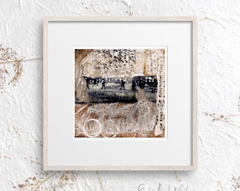Original Mini Mixed Media Artwork | 4x4 inch Original Art on Paper Timber Frame| Textured Neutral Collage |