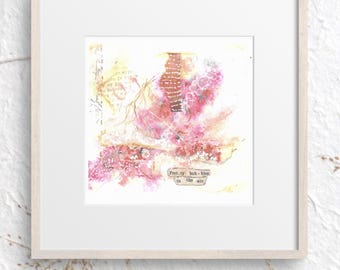 Original Mini Mixed Media Art | Pink Abstract Collage Painting | Pretty Bubbles in the Air | Framed 5" x 5" Wall Art | One of a Kind