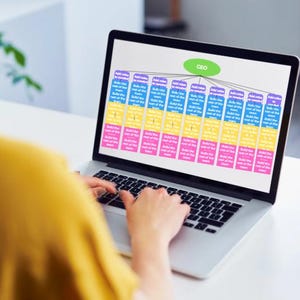 May include: A person using a laptop displaying a colorful organizational chart. The chart has a green oval labeled "CEO" at the top, with connecting lines to blocks of text in blue, yellow, and pink. A glass of water sits nearby.