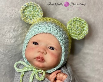 Newborn bear bonnet.. Photography prop ... Ready to ship.. Blues and green, newborn boy hat, newborn boy prop, baby shower gift