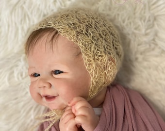 Newborn mohair bonnet, Delicate crocheted lace gold shimmer mohair bonnet,  Photography prop,Ready to ship