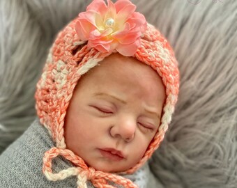 Newborn girl bonnet.. Peach rose hair clip.. Photography prop.. Ready ro ship, newborn girl hat