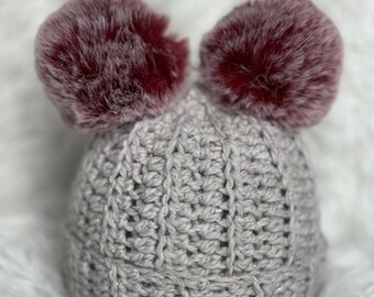 Newborn girl winter beanie, double pom pom hat, photography prop, ready to ship, sparkly baby hat, coming home hat, baby shower gift