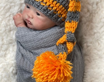 Newborn Elf hat, Orange and gray Photography prop,Ready to ship, baby shower gift, long tail hat, newborn baby hat