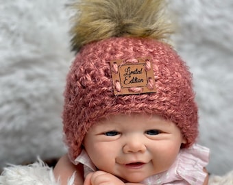 Newborn hat, limited addition tag beanie, baby shower gift, coming home hat,winter pom pom baby hat, warm newborn hat, photography prop, RTS