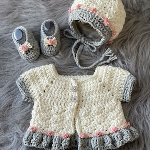 Newborn girl sweater, newborn girl dress shoes, baby bonnet, coming home outfit, cream cardigan, baby shower gift, new baby girl gift
