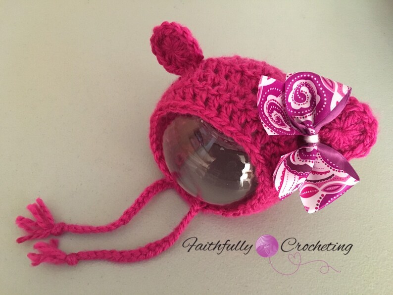 Photo prop. Ready to ship Newborn girl bear bonnet. Pink bear hat. newborn girl prop newborn girl hat