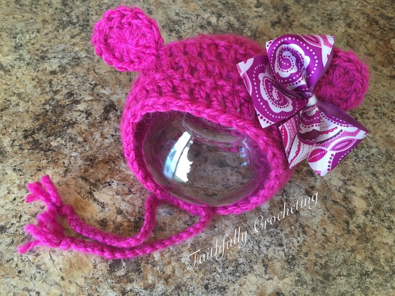 Photo prop. Ready to ship Newborn girl bear bonnet. Pink bear hat. newborn girl prop newborn girl hat