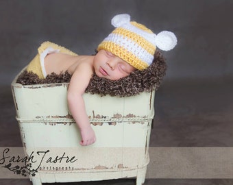 Newborn Bear Hat, Yellow and White,  Photo Prop, Ready to Ship, newborn prop, baby shower gift, newborn hat