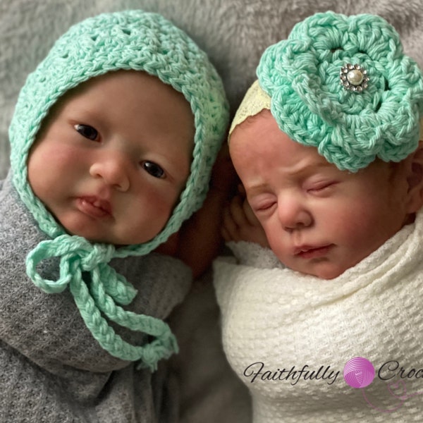 Newborn twin set... Bonnet and headband.. Photography prop.. Cotton bonnet.. Boy girl twins.. Ready to ship