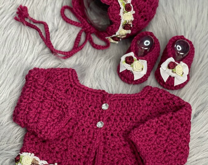 Newborn Girl Sweater Set, Rose Sweater, Matching Booties, Baby