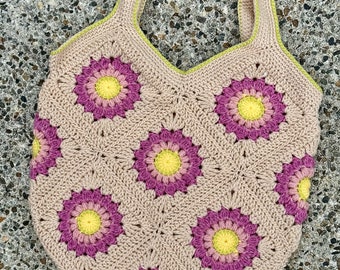 Market sunburst bag, shopping bag, crocheted bag, crocheted flower purse, ready to ship, market tote bag, sunburst bag