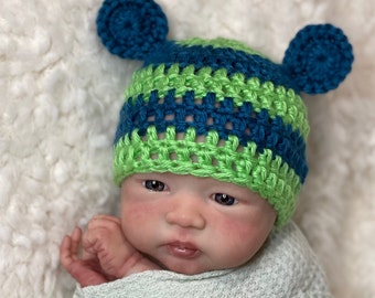 Newborn bear hat,  Blue and lime green,  Photography prop, Ready to ship,  newborn boy hat, newborn prop, baby shower gift