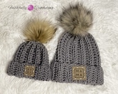 Mommy and me hats, baby shower gift, coming home hat, new mom gift, pom pom beanie, adult beanie, baby beanie, gray hat