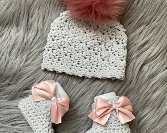 Newborn girl beanie, matching boots, pom pom newborn girl hat, photography prop, baby shower gift, ready to ship