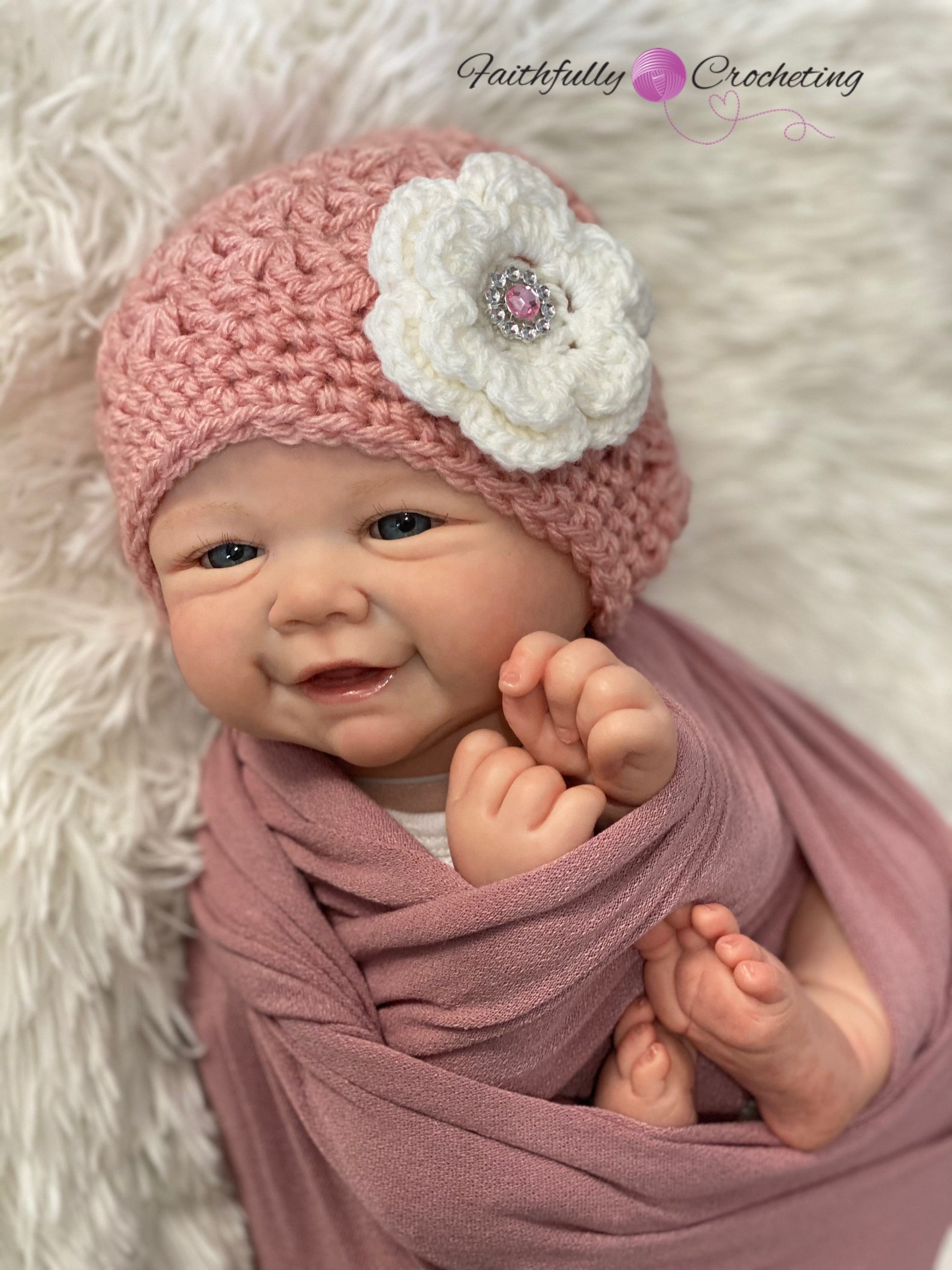 Newborn Girl Beanie.. Pink With White Flower Hair Clip.. Etsy