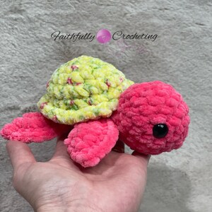 Crocheted turtle, turtle plushie, plush baby turtle, ready to ship, pink and yellow bloom baby turtle plushie