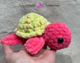 Crocheted turtle, turtle plushie, plush baby turtle, ready to ship, pink and yellow bloom baby turtle plushie