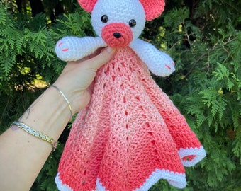 Coral bear  lovey, baby bear security blanket, ready to ship,  baby blanket, bear nursery, baby shower gift