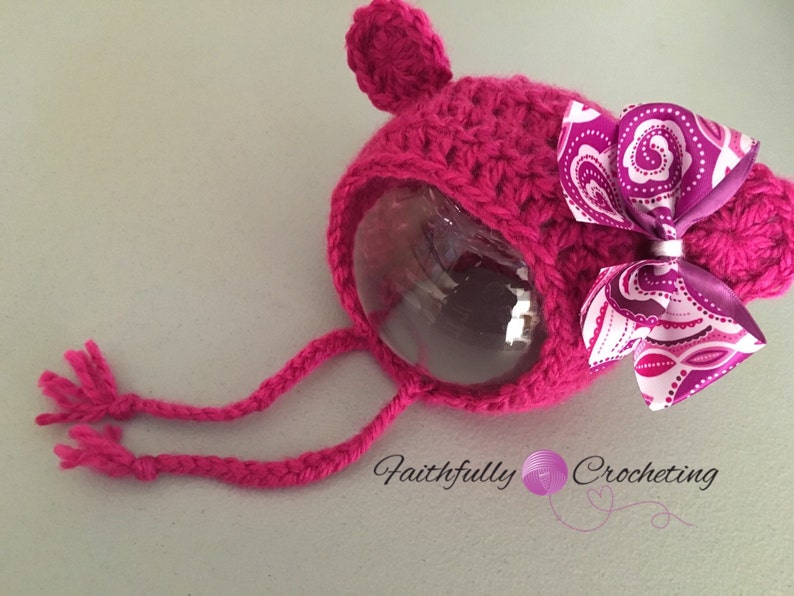 Photo prop. Ready to ship Newborn girl bear bonnet. Pink bear hat. newborn girl prop newborn girl hat
