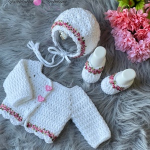 Newborn girl sweater set, newborn white sweater, matching bonnet and booties, coming home outfit, baby shower gift, special occasion outfit