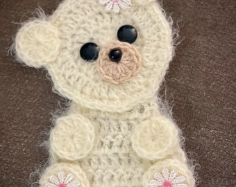 Baby bear appliqué, nursery Decor, blanket appliqué, crocheted bear, ready to ship, daisy bear, Ivory bear appliqué