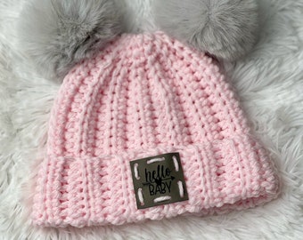 0/6 months old baby hat, hello baby beanie, double pom pom hat, winter hat, pink baby girl hat, ready to ship