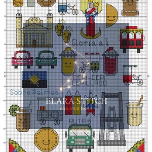 May include: Cross-stitch pattern featuring various Venezuelan cultural icons, including food, buildings, and transportation. The design includes text in Spanish, with a blue background and colorful details.