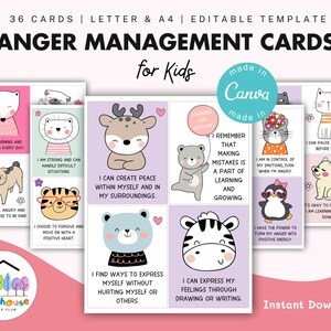 Kaarten voor woedebeheersing voor kinderen, kalmerende uitspraken voor kinderen, affirmaties, tool voor emotionele regulatie, bewerkbaar, downloaden, afdrukken, canvas