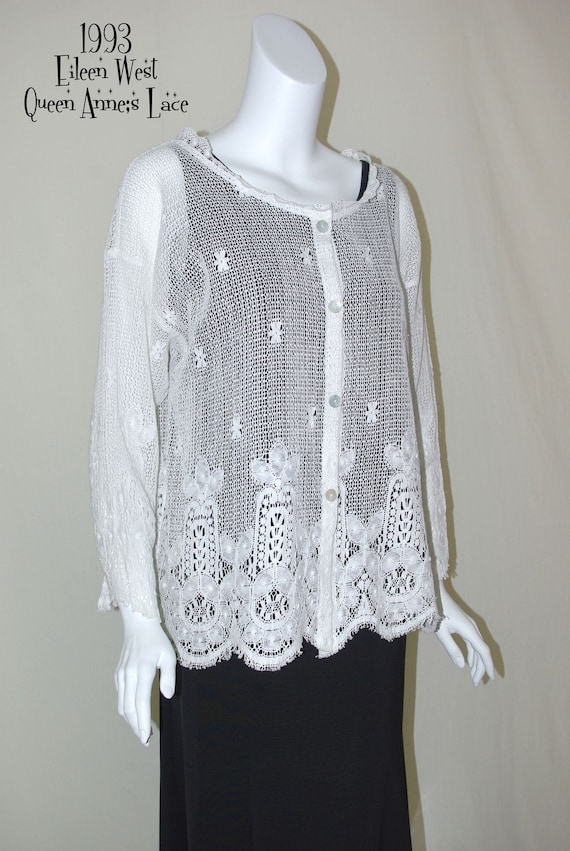 Eileen West White Lace Top, Lace Button Front Blou