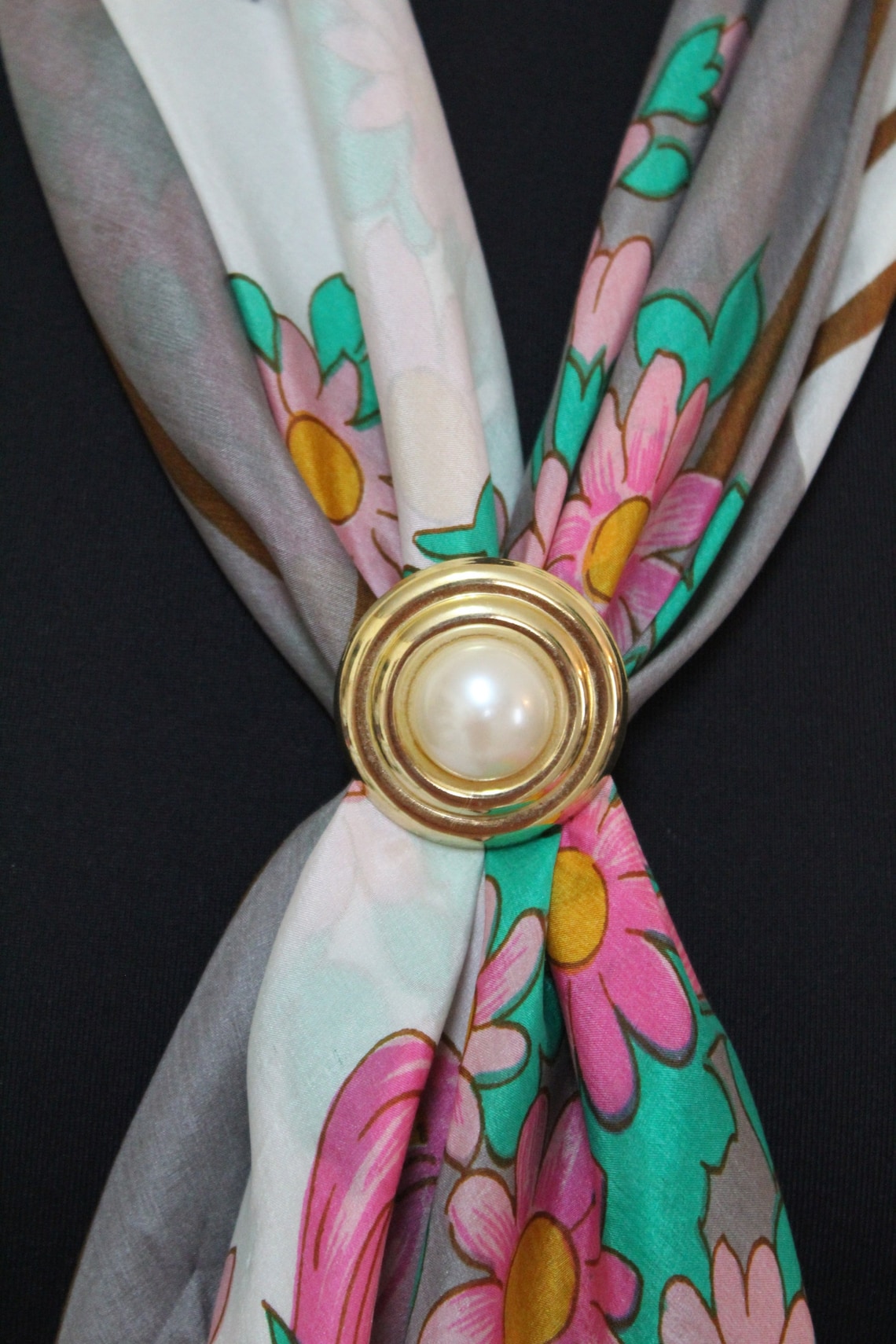 1980s Vintage Scarf Clip Round Gold and Pearl Scarf Slide Etsy