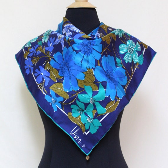 1970s Vera Blue Floral Gold Piece Scarf, Vera Larg