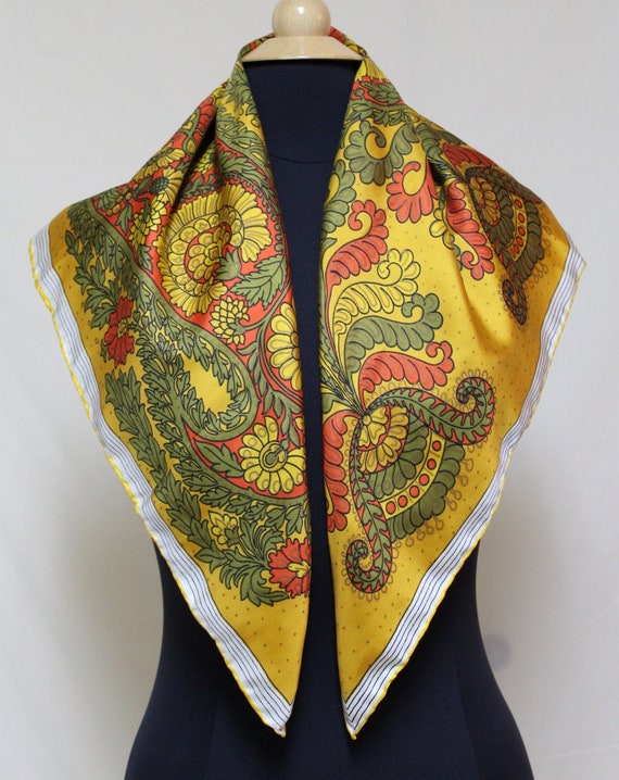 1970s Vera Gold and Green Paisley Scarf, Vera Gold